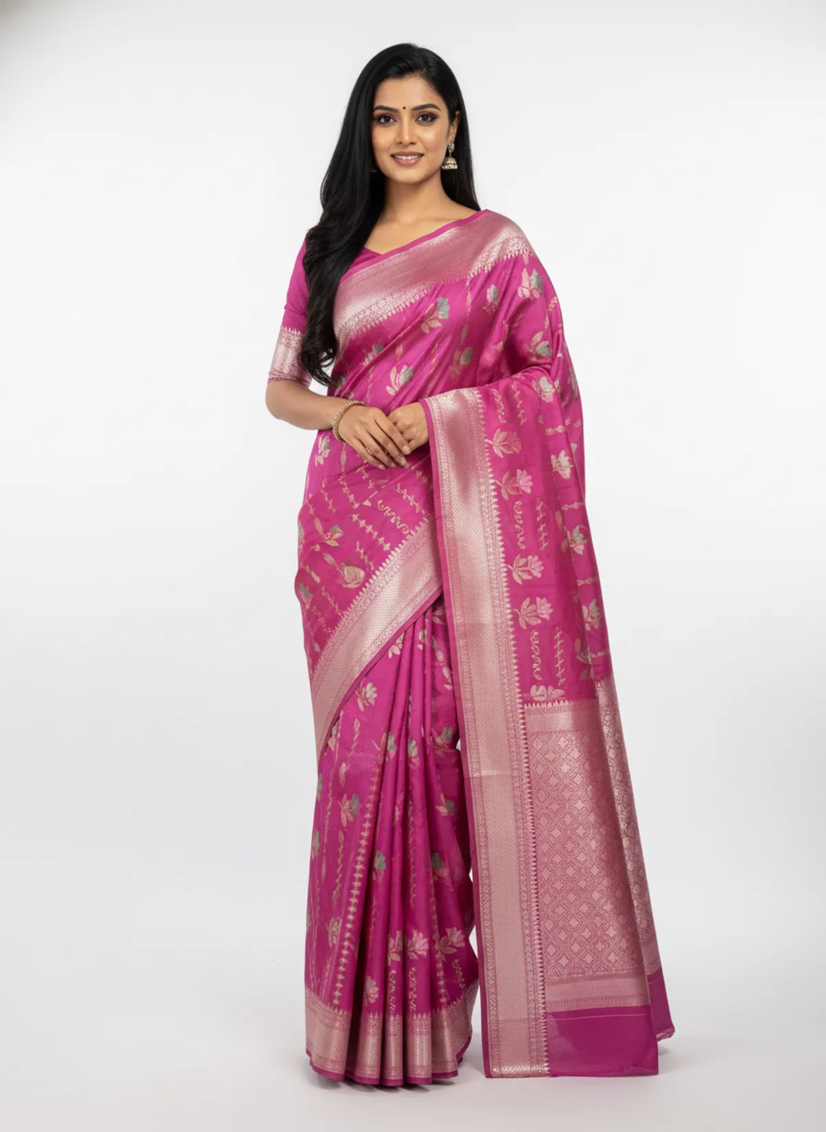 Rani Pink Banarasi Silk Meena Work Zari Weaved Saree